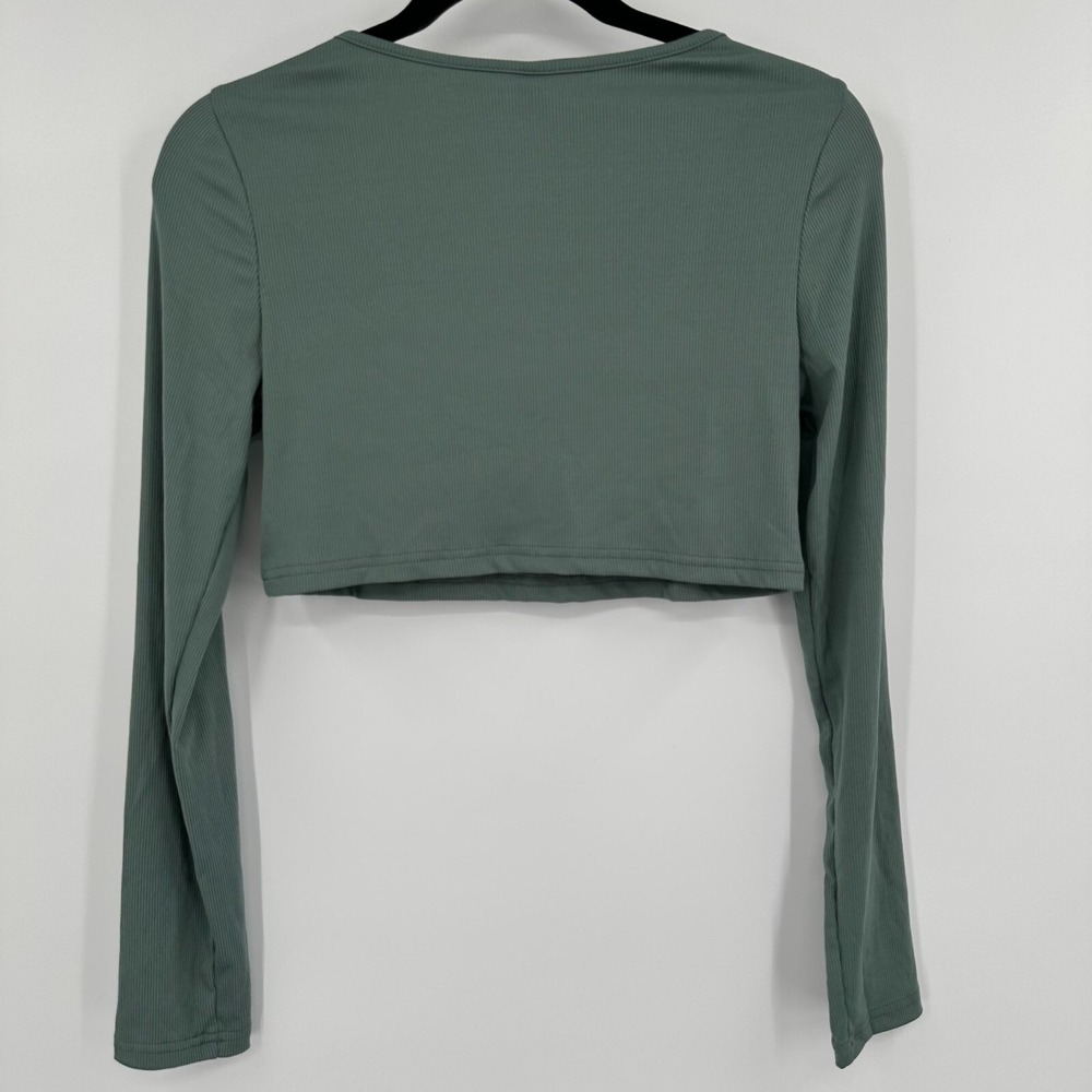 SheIn Crop Top Women Large Green Ribbed Slim Fit Long Sleeve Scoop Neck Pullover - Picture 2 of 7